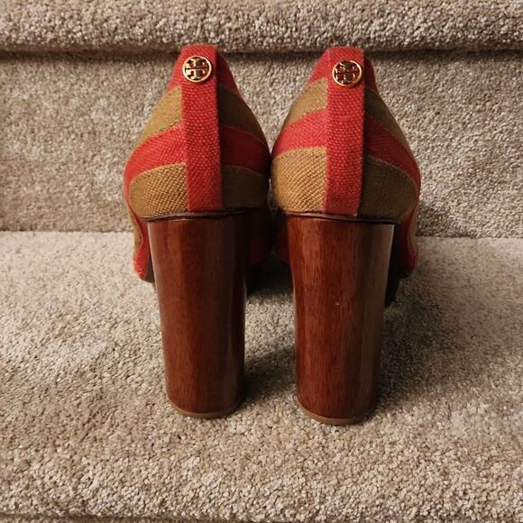 Tory Burch Women's "Joelle" Red & Tan Stacked Wood Heel Pumps Size 10.5 - Picture 4 of 7